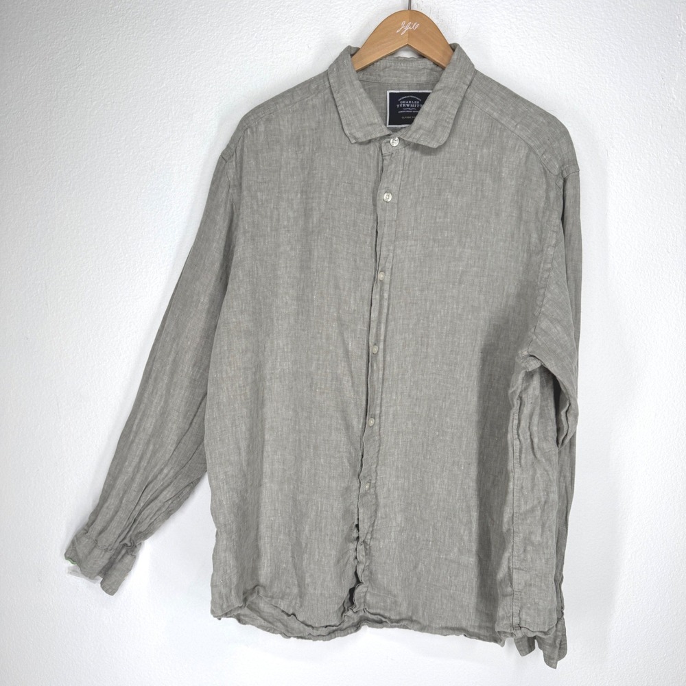 Charles Tyrwhitt Mens XL Classic Fit 100% Linen Long Sleeve Button Up Shirt Grey